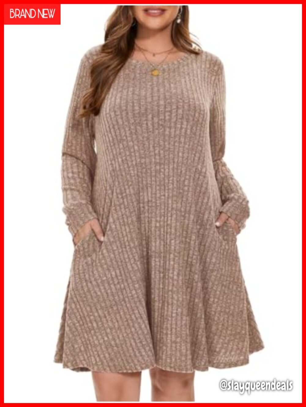 Plus Size Crew Neck Long Sleeve Sweater Dress with Pockets Knee Length